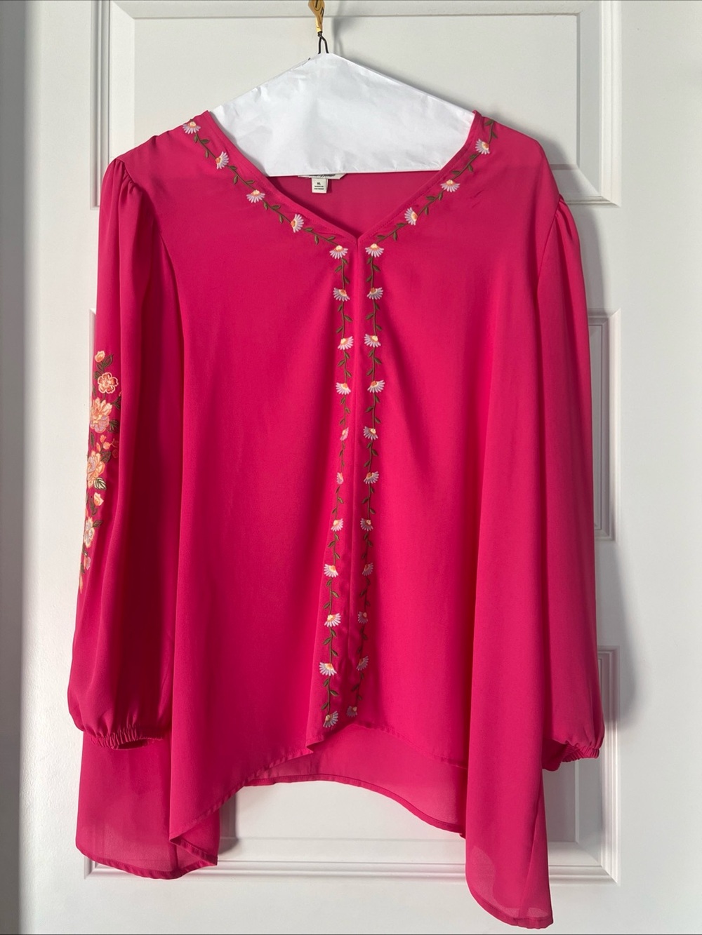 Pioneer Woman Tunic Top Pink Embroidered Floral Balloon Sleeve Size XL 16 NWOT